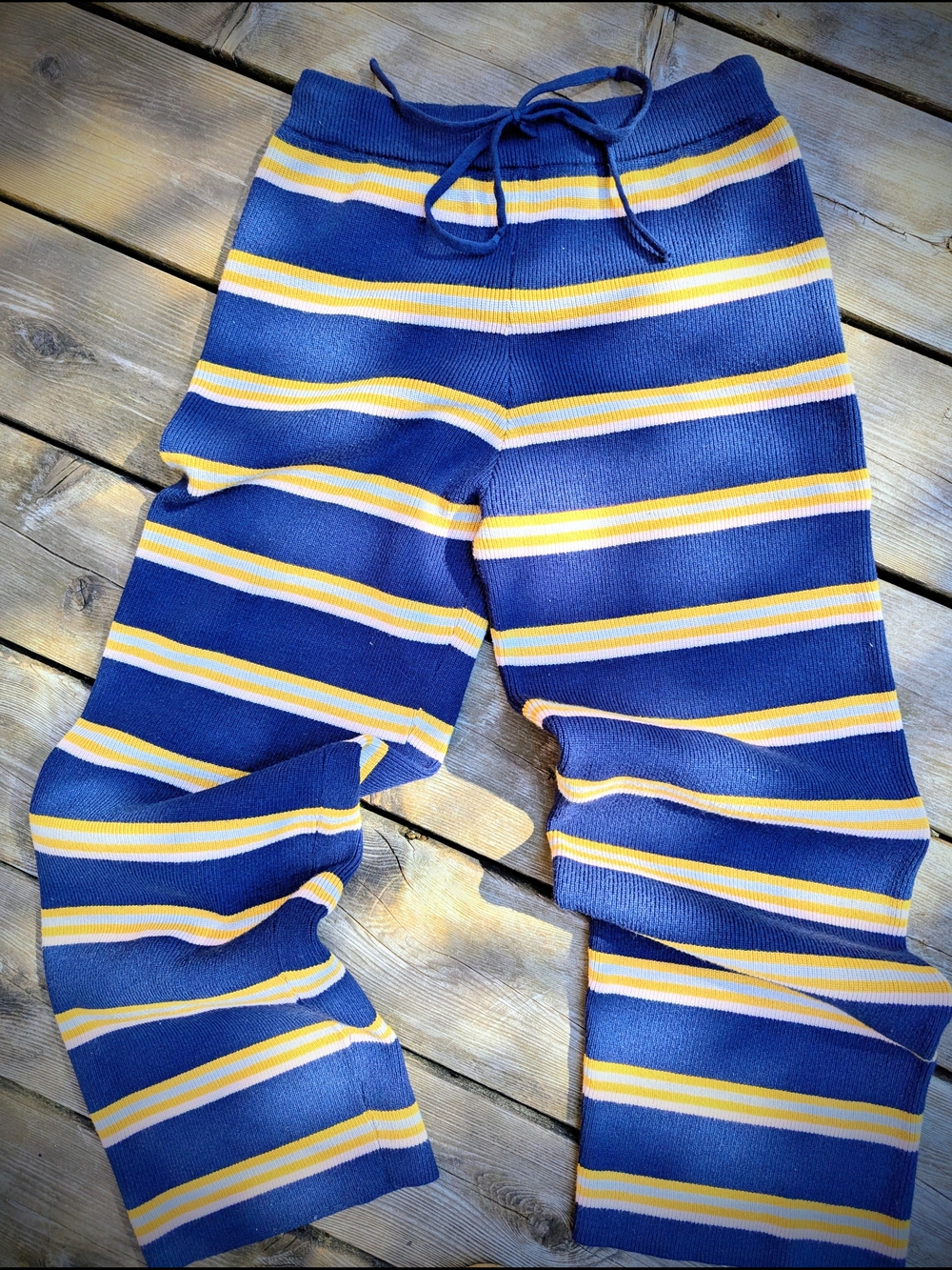Striped Knit Sweater Pants | Soft Wide Leg | Navy & Mustard | Drawstring Small